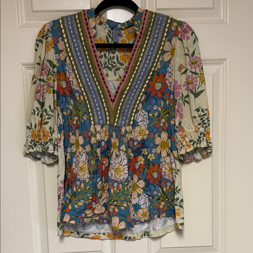 Anthropologie Multicolor Floral V-Neck Blouse